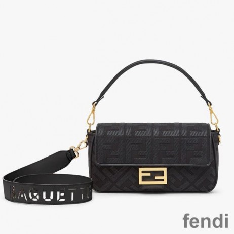 Fendi Baguette Bag with Laser Cut Strap In FF Motif Canvas Black