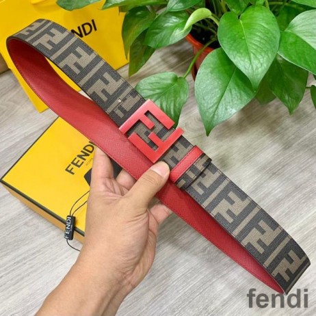 Fendi Enamel FF Buckle Reversible Belt In FF Motif Fabric and Calfskin Brown/Red