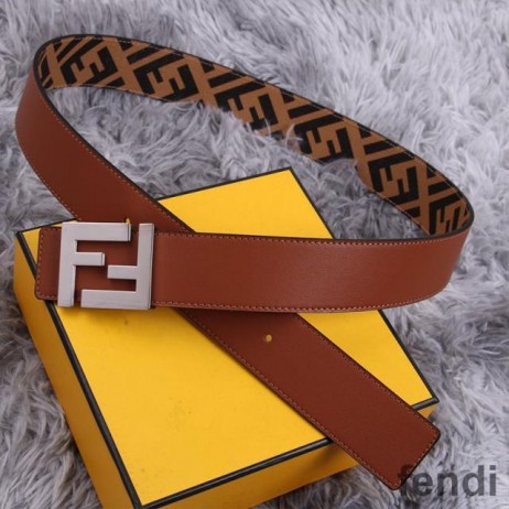 Fendi FF Buckle Reversible Belt In FF Motif Fabric and Nappa Leather Brown/Silver