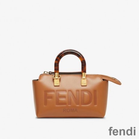 Fendi Mini By The Way Boston Bag In ROMA Logo Calf Leather Brown