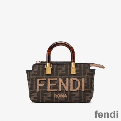 Fendi Mini By The Way Boston Bag In ROMA Logo FF Motif Fabric Brown