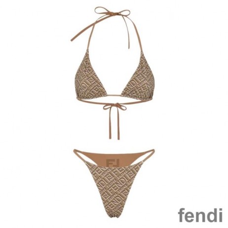 Fendi Reversible Triangular Bikini with Ties Women Skims Logo Motif Lycra Khaki/Brown
