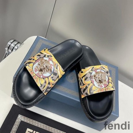 Fendi Signature Slides Unisex Fendace Baroque Fabric Brown
