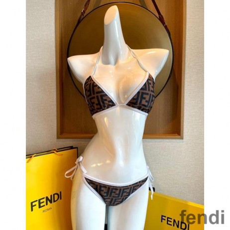Fendi Triangle Bikini with Ties Women FF Motif Lycra Brown/White