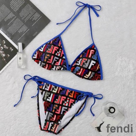 Fendi Triangle Bikini with Ties Women FF Motif Lycra Multicolor/Blue