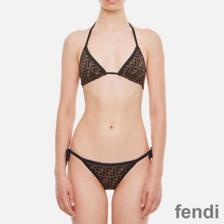 Fendi Triangular Bikini with Ties Women FF Motif Lycra Brown/Black