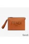Fendi Flat Pouch In Roma Logo Calf Leather Brown