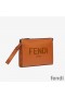 Fendi Flat Pouch In Roma Logo Calf Leather Brown