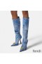 Fendi Knee High Ankle Boots Women Fendace Patchwork Denim Blue