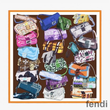 Fendi Square Scarf In Baguette Graphic Silk Brown