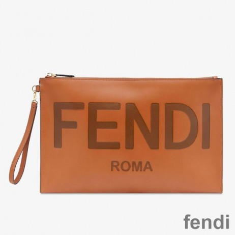 Fendi Large Flat Clutch In Roma Logo Calf Leather Brown