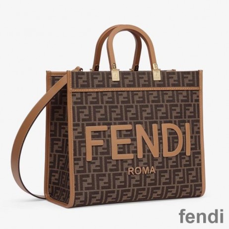 Fendi Medium Sunshine Shopper Bag In ROMA Logo FF Motif Fabric Brown
