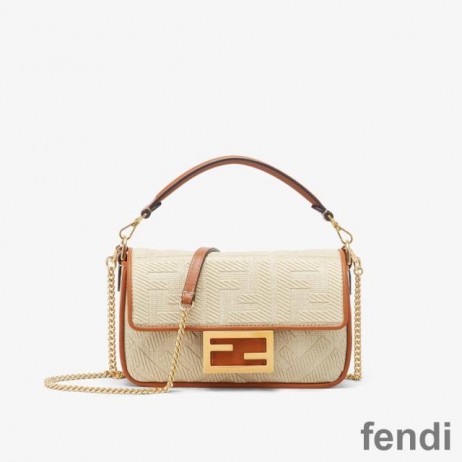 Fendi Mini Baguette Bag In FF Motif Straw Beige