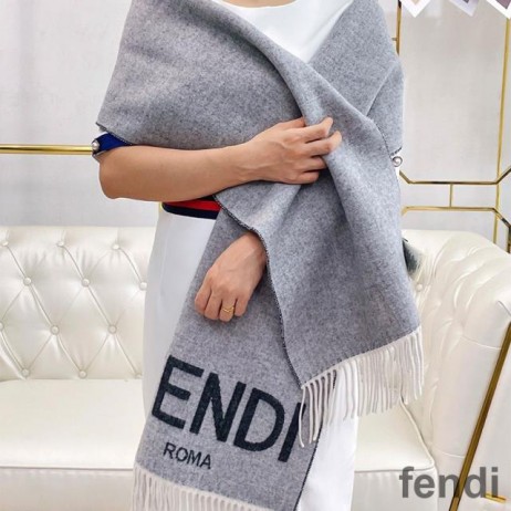 Fendi Roma Logo Scarf In Cashmere and Wool Grey