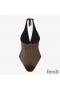 Fendi Halterneck Swimsuit Women FF Vertigo Motif Lycra Brown