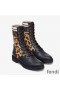 Fendi Rockoko Combat Boots Women Leather with Camo Motif Stretch Fabric Beige