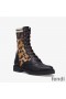 Fendi Rockoko Combat Boots Women Leather with Camo Motif Stretch Fabric Beige