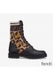 Fendi Rockoko Combat Boots Women Leather with Camo Motif Stretch Fabric Beige