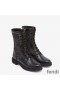 Fendi Signture Biker Boots Women Leather with FF Karligraphy Motif Fabric Black
