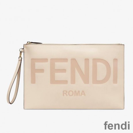 Fendi Large Flat Clutch In Roma Logo Calf Leather White