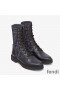Fendi Rockoko Combat Boots Women Leather with FF Motif Stretch Fabric Black