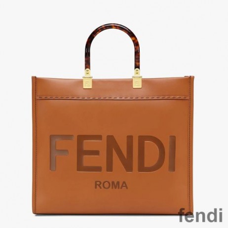 Fendi Medium Sunshine Shopper Bag In ROMA Logo Calf Leather Brown