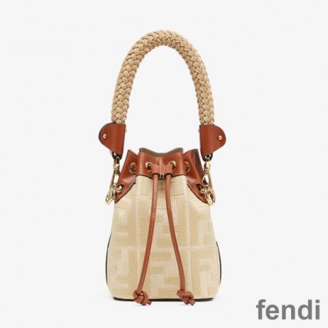 Fendi Mini Mon Tresor Bucket Bag with Straw Handle In FF Motif Straw Beige