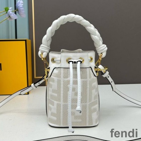 Fendi Mini Mon Tresor Bucket Bag with Woven Handle In FF Motif Canvas White