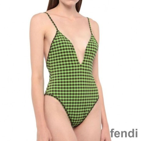 Fendi Reversible Swimsuit with Straps Women Checkered FF Motif Lycra Green/Brown