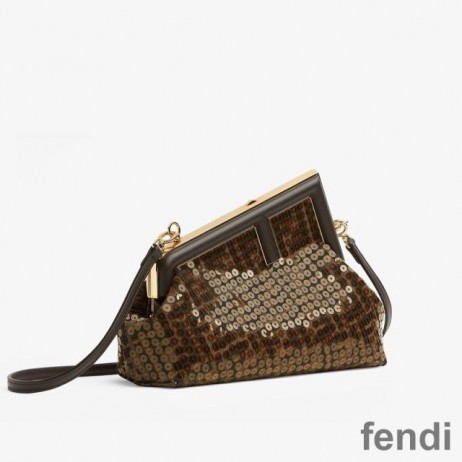 Fendi Small First Bag In FF Motif Fabric with Sequins Brown