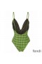Fendi Reversible Swimsuit with Straps Women Checkered FF Motif Lycra Green/Brown