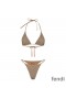 Fendi Reversible Triangular Bikini with Ties Women Skims Logo Motif Lycra Khaki/Brown