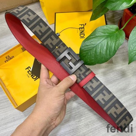 フェンディエナメルFFバックル可逆的なベルトFFモチーフを布Calfskin褐黒