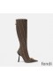Fendi Knee High Ankle Boots Women Fendace FF Fabric Brown