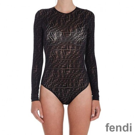 Fendi Bodysuit Women FF Fish-Eye Motif Tulle Black