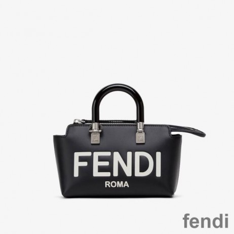 Fendi Mini By The Way Boston Bag In ROMA Logo Calf Leather Black/White