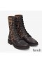 Fendi Rockoko Combat Boots Women Leather with FF Motif Stretch Fabric Brown