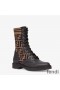 Fendi Rockoko Combat Boots Women Leather with FF Motif Stretch Fabric Brown