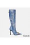 Fendi Knee High Ankle Boots Women Fendace Patchwork Denim Blue