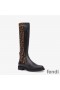 Fendi Rockoko High Ankle Boots Women Leather with FF Motif Stretch Fabric Brown