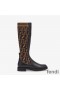 Fendi Rockoko High Ankle Boots Women Leather with FF Motif Stretch Fabric Brown