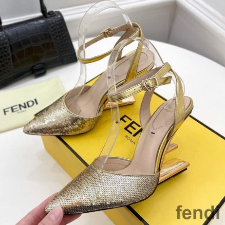 Fendi First Slingback Pumps Women Calf Leather with Sequins Embroidery Gold