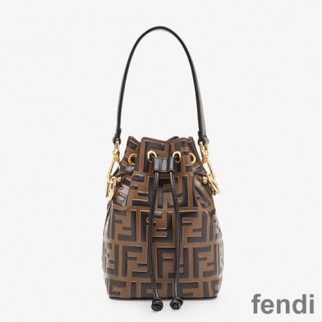 Fendi Mini Mon Tresor Bucket Bag In FF Motif Calf Leather Brown