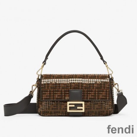 Fendi Baguette Bag In FF Motif Fabric with Sequins Brown