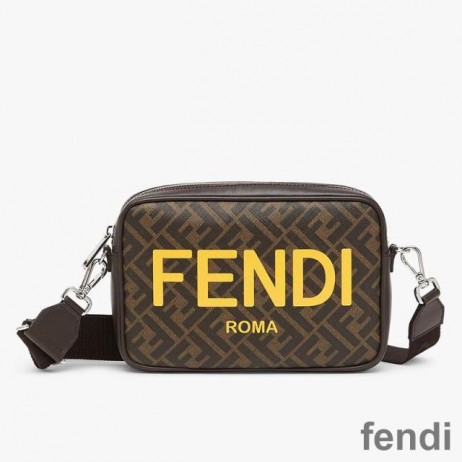 Fendi Compact Camera Case In ROMA Logo FF Motif Fabric Brown