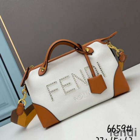 Fendi Medium By The Way Boston Bag In ROMA Logo Canvas White/Brown