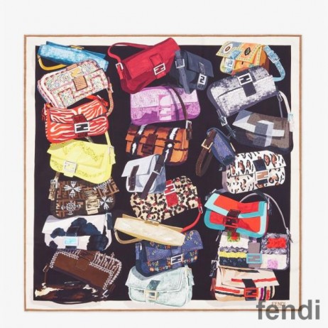 Fendi Square Scarf In Baguette Graphic Silk Black