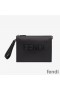 Fendi Flat Pouch In Roma Logo Calf Leather Black