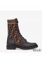 Fendi Rockoko Combat Boots Women Leather with FF Motif Stretch Fabric Brown