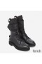 Fendi Rockoko Combat Boots Women Smooth Leather with Velcro Straps Black